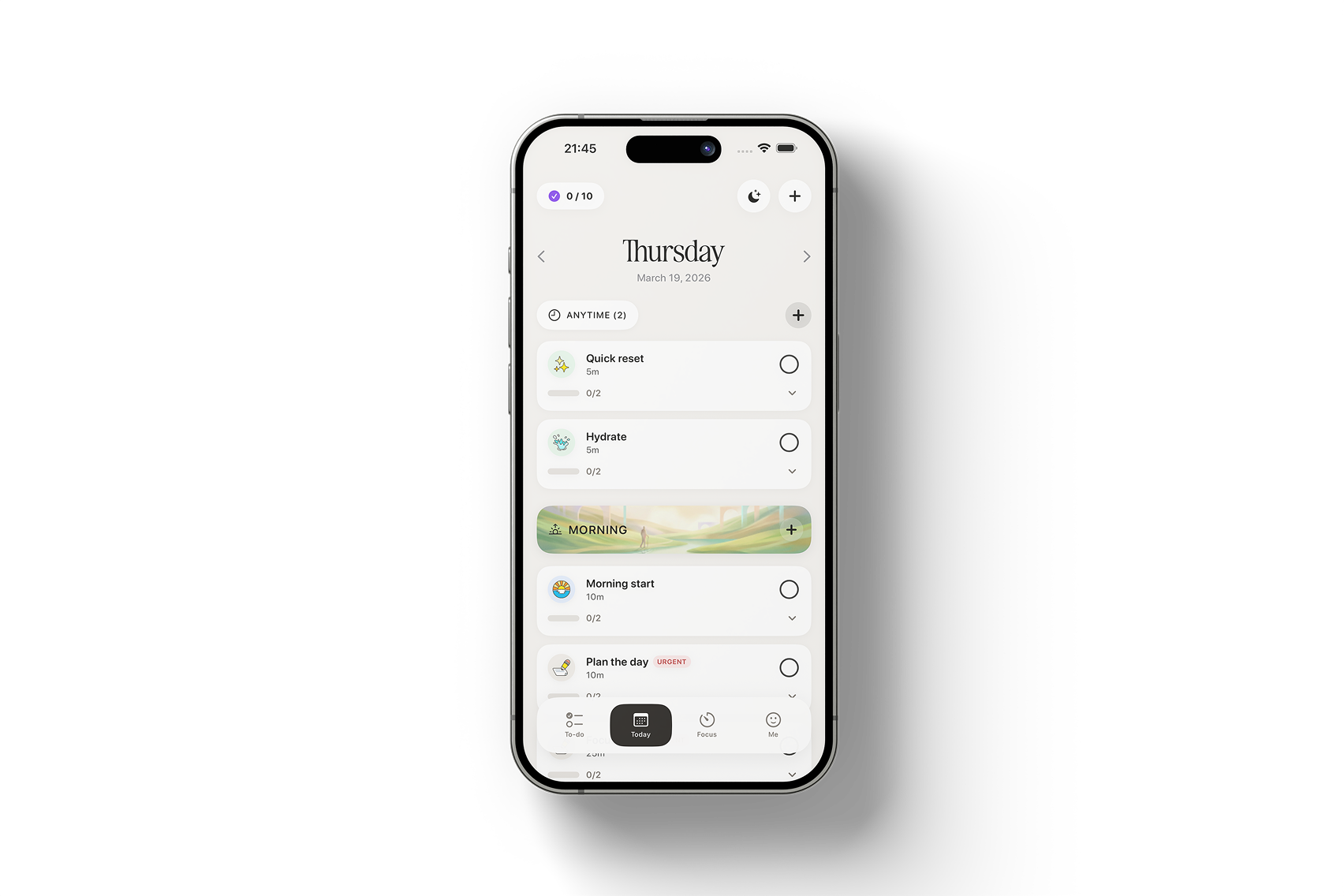 TasksBunny iOS app showing daily task list with morning routine and focus mode